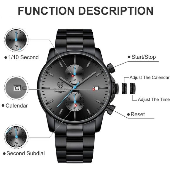 ⚡Men's Watches with Black Stainless Steel and Metal Casual Waterproof Quartz - Picture 3 of 8